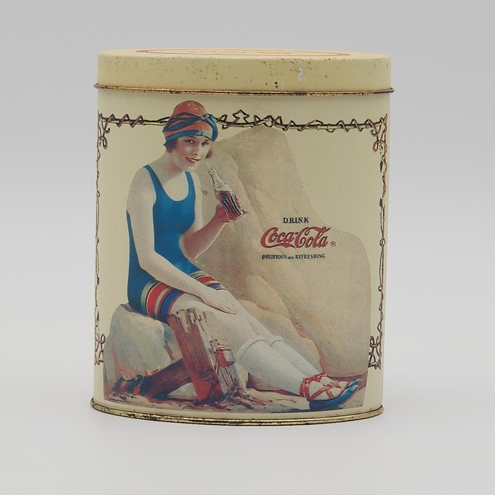 Vintage 1989 Coca Cola Tin Canister Beach Girl Advertising Collectible